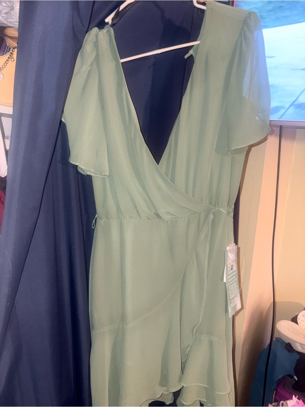 Light Green Wrap Midi Dress with Ruffle Sleeves